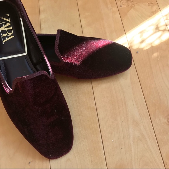 NEW ZARA Burgundy Velvet Square Toe Flat Loafers Women’s Size US 6.5 NEW - Picture 4 of 10